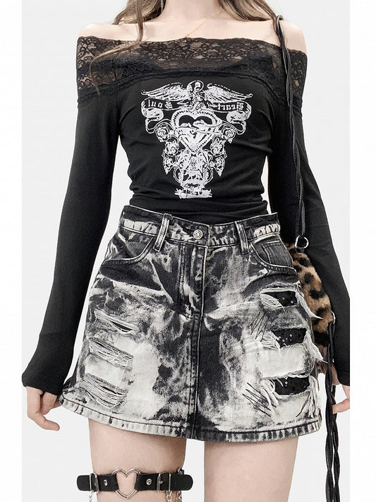 Black Off-the-shoulder Neckline Lace Detail Print Design Top