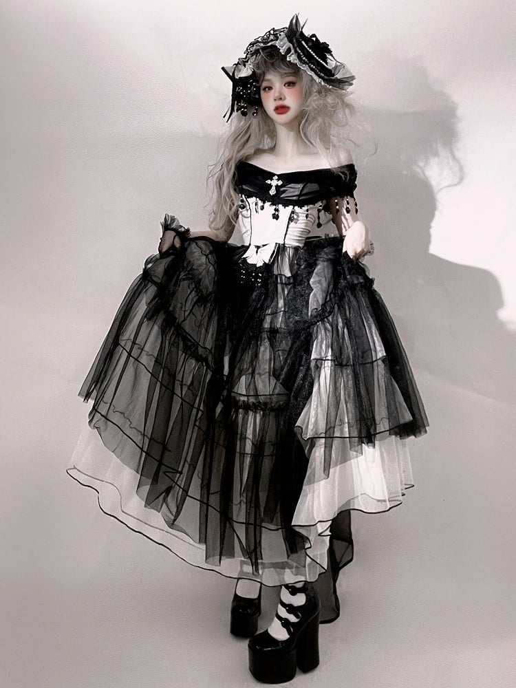 Plus Sizes Available Black Gothic Princess Off-the-shoulder Neckline Dress Black and White