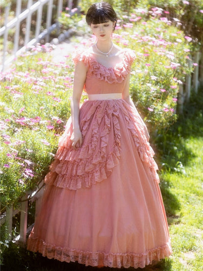 Wine Red/Pink Vintage Lace Ruffle Trim Off-the-shoulder Neckline Dress