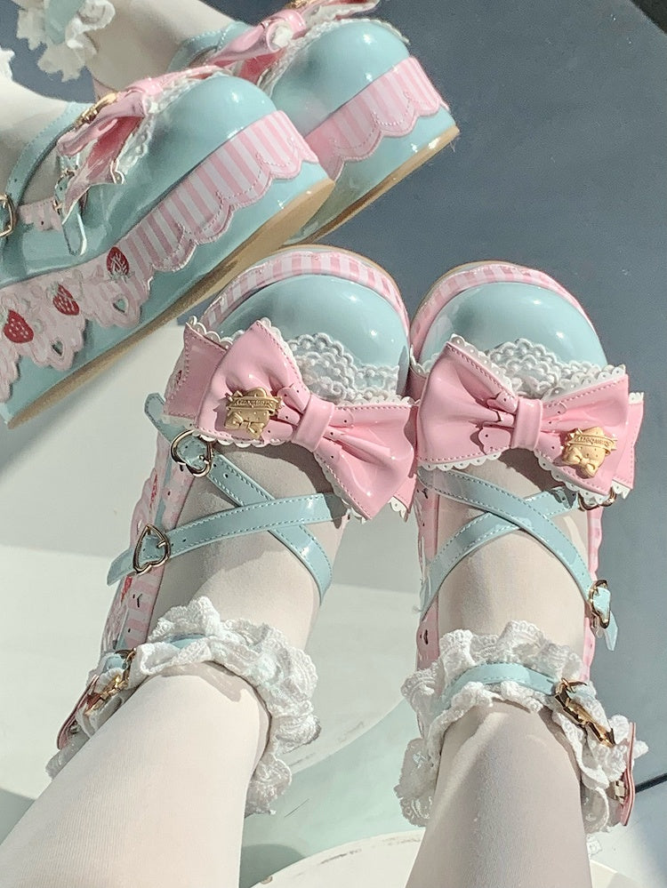 Sweet Green Lolita Platforms - PU Leather with Strawberry Elements, Striped Scalloped Trim & Pink Bow Accents