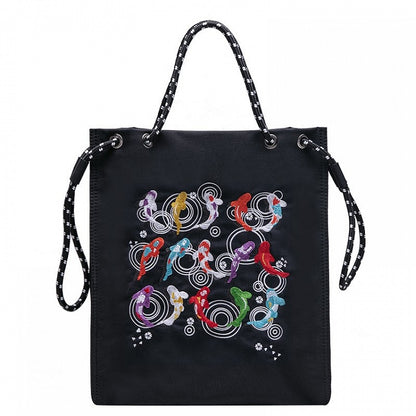 Trendy Black Lucky Koi Embroidery Tote Bag With Zipper Closure And Drawstring Strap