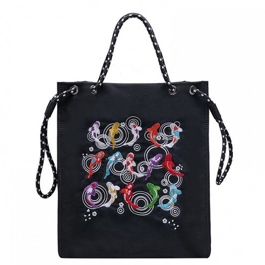 Trendy Black Lucky Koi Embroidery Tote Bag With Zipper Closure And Drawstring Strap