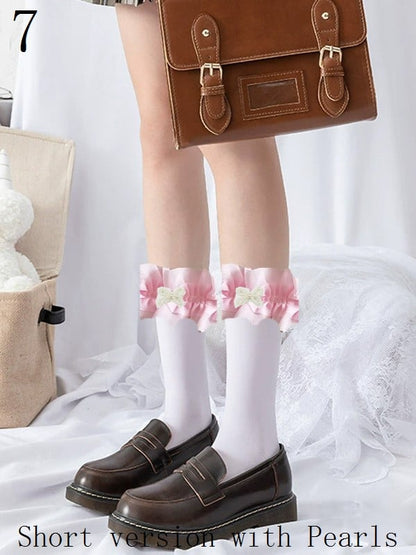9 Options Black/White Lace Ruffled Cuffs Calf Socks With Pearls