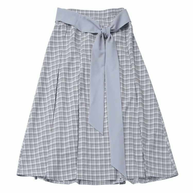 Dusty Blue Box Pleat Plaid Skirt Short/Long Version with Waist Belt