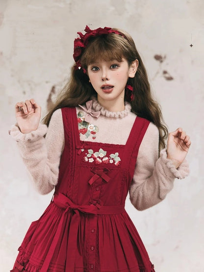 Strawberry Embroidery Neckline Bowknot on Cuffs Dusty Pink Autumn Knit Top