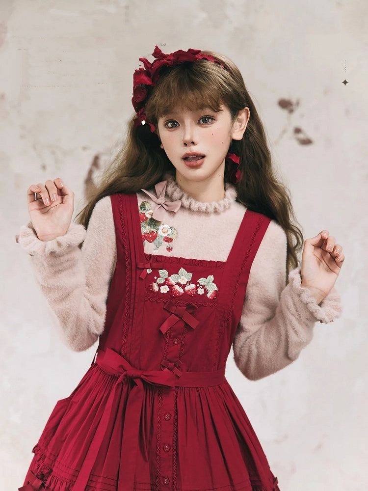 Strawberry Embroidery Neckline Bowknot on Cuffs Dusty Pink Autumn Knit Top