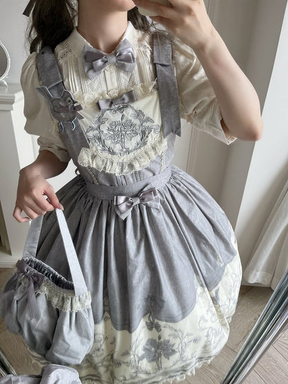 Gray Titmouse and Floral Print Lolita Jumper Skirt