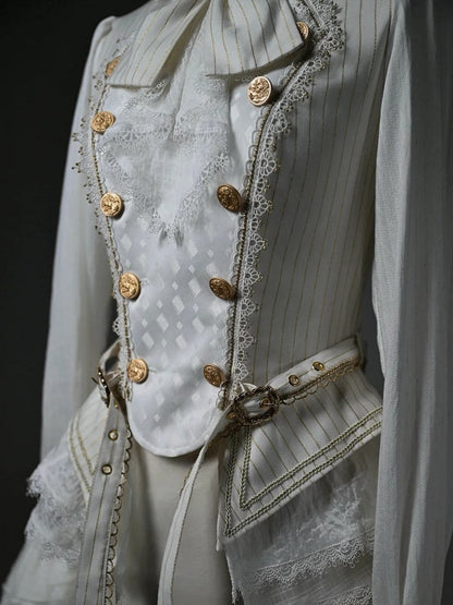 White Jabot Ruffle Neckline Cadcading Ruffle Cuffs Long Sleeves Ouji Lolita Top