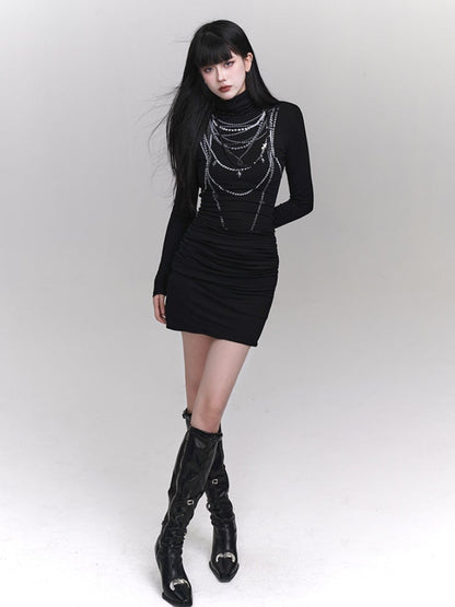 Black High Neck Beaded Chain Print Slim-fitting Dress