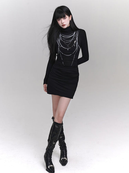 Black High Neck Beaded Chain Print Slim-fitting Dress