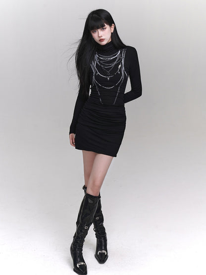 Black High Neck Beaded Chain Print Slim-fitting Dress