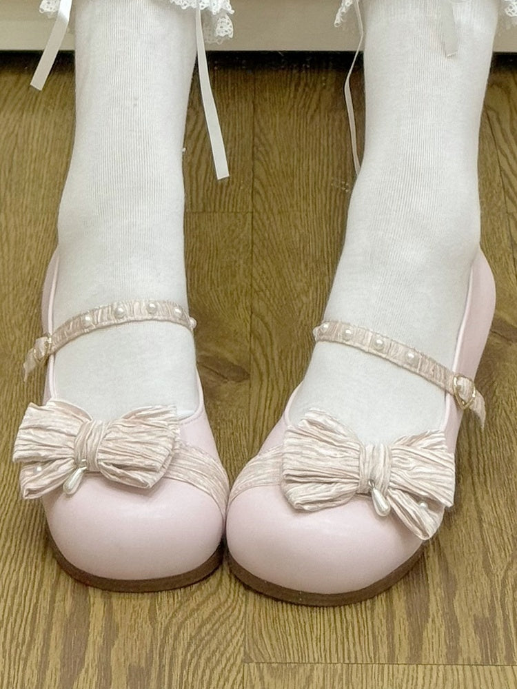 Strawberry Pink Beaded Decorated Bow at Top Heart Buckle Round Toe Lolita Shoes