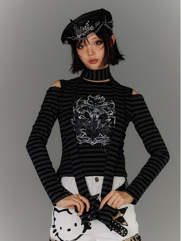 Punk Black & Gray Striped Cutout Shoulder Graphic Top with Star Scarf
