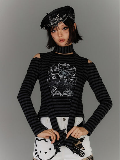 Punk Black & Gray Striped Cutout Shoulder Graphic Top with Star Scarf
