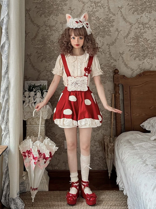 Fleece White Spot Applique Red Sweet Lolita Mushroom Bubble Short with Detachable Straps