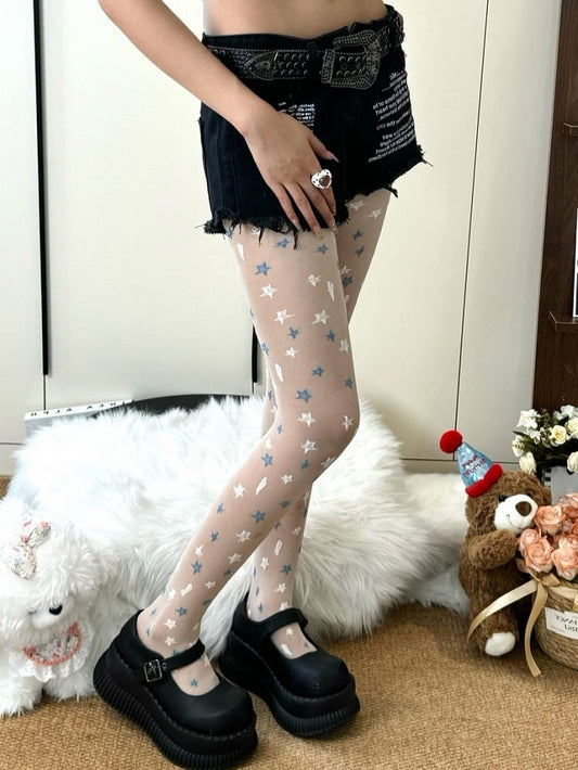 White Y2K Star And Lightning Details Tights