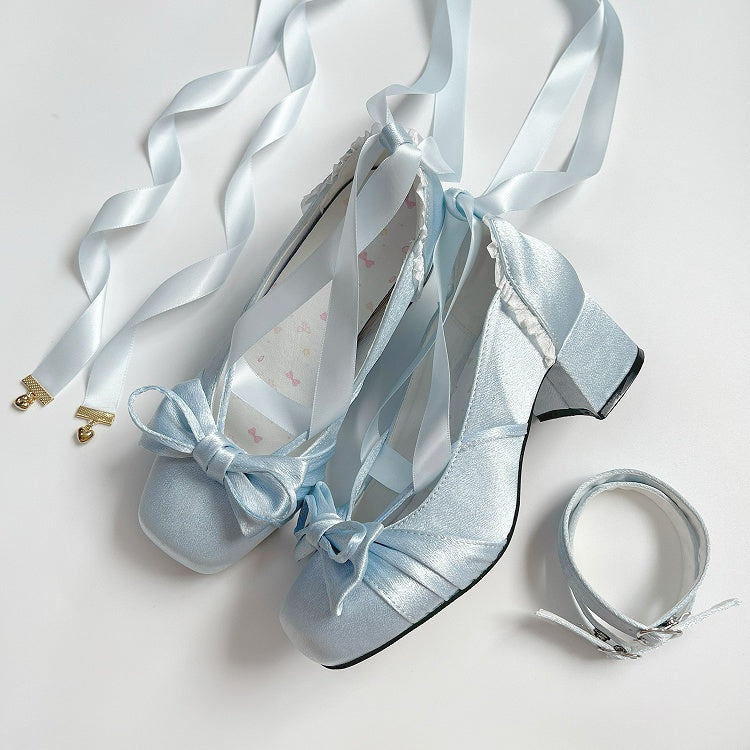Blue Elegant Bow at Top Mary Janes With Dual Detachable Buckle Ankle Straps