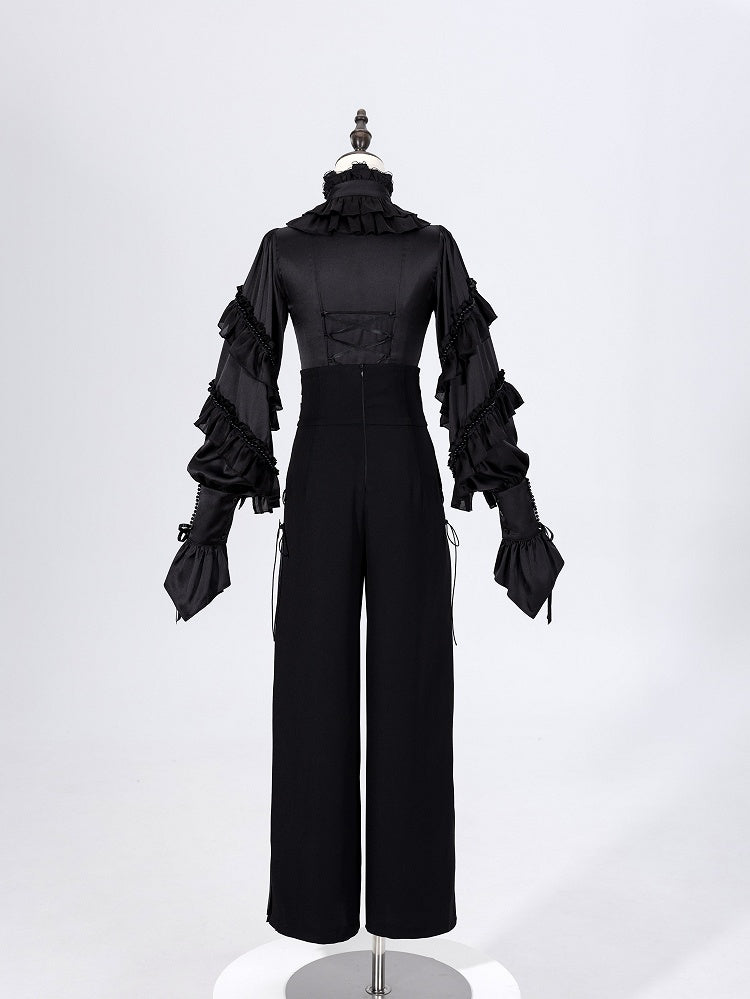 Ruffled High Neck Black Bead Chain and Cascading Ruffles Long Sleeves Siren Shirt