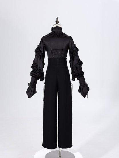 Ruffled High Neck Black Bead Chain and Cascading Ruffles Long Sleeves Siren Shirt