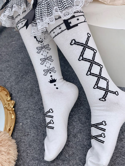 White Lolita Bowknot Print Underknee Stockings With Black Striped Ruffled Cuffs