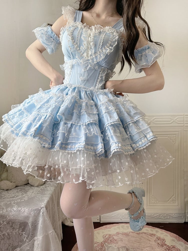Heart Polka-dot Pattern Ruffled Heart Front Blue Hanayome Lolita Dress Hime Lolita JSK