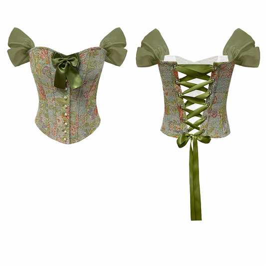 Vintage Oil Painting Floral Fabric Green Boned Corset Top