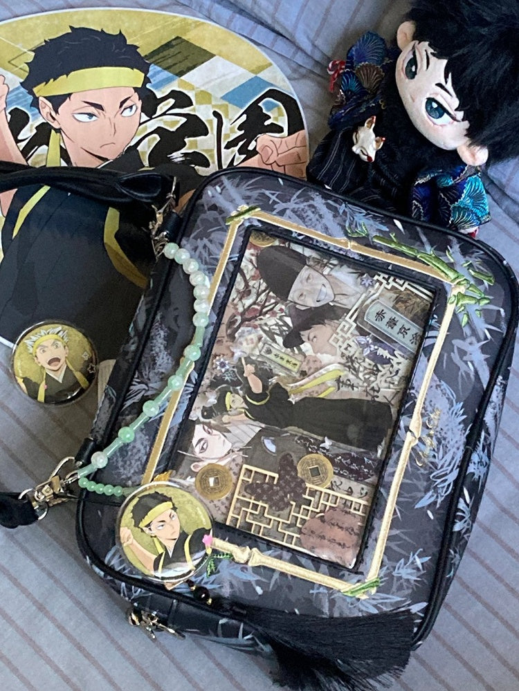 Black Bamboo Leaf Pattern Cheongsam Style Ita Shoulder Bag with Detachable Beaded Chain