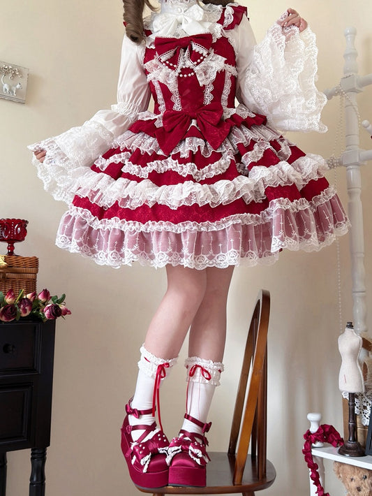 White Lace Trims Red Bows Decorated Hanayome Dress Lolita Jumper Skirt