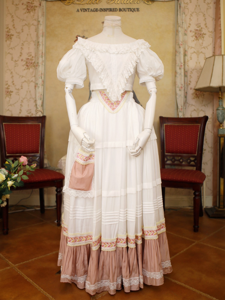 White & Pink Lace Trim Flounce Hem Vintage Southern Belles Victorian Skirt