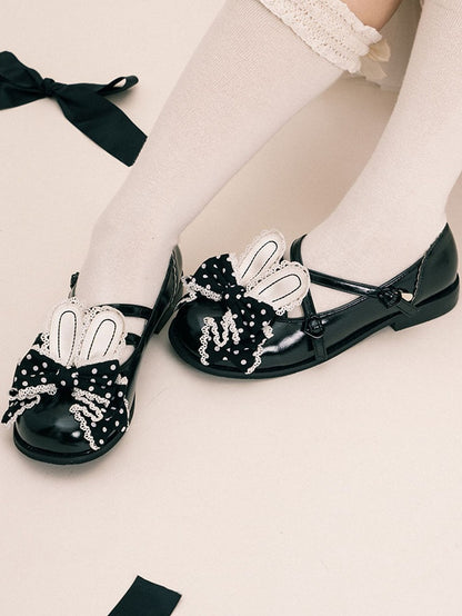 Black Crisscross Design Bunny Ear Polka-dot Pattern Bow at Top Lolita Shoes