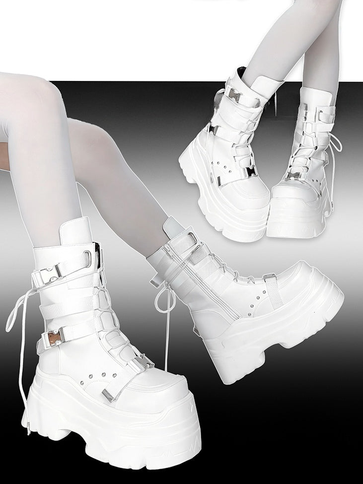 Matte White Punk Stud Bandage Design Lace-up Details Platform Boots