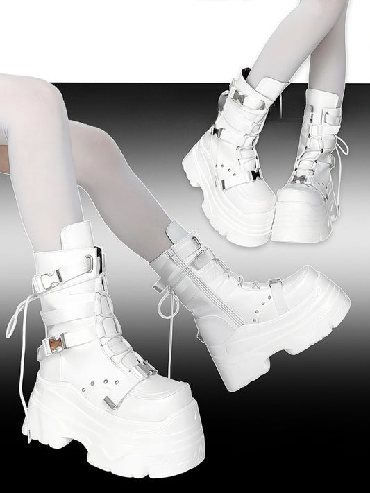 Matte White Punk Stud Bandage Design Lace-up Details Platform Boots