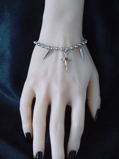 Silver Gothic Cross And Studs Charm Bracelet
