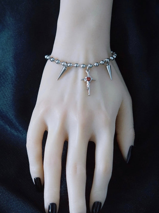 Silver Gothic Cross And Studs Charm Bracelet