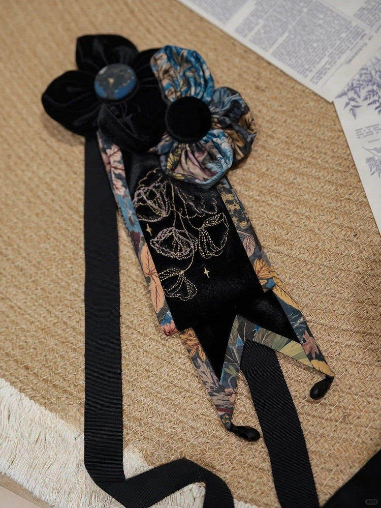 Black Lolita Hairband with Flower and Embroidered Details