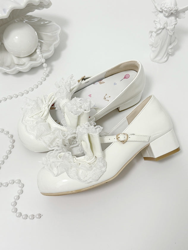 White Bowknot Details Lace Trim Round Toe Lolita Shoes
