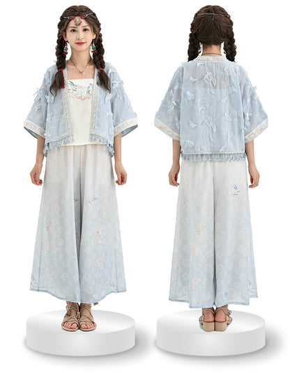 Floral Print Gradient Blue Chiffon Wide Leg Pants