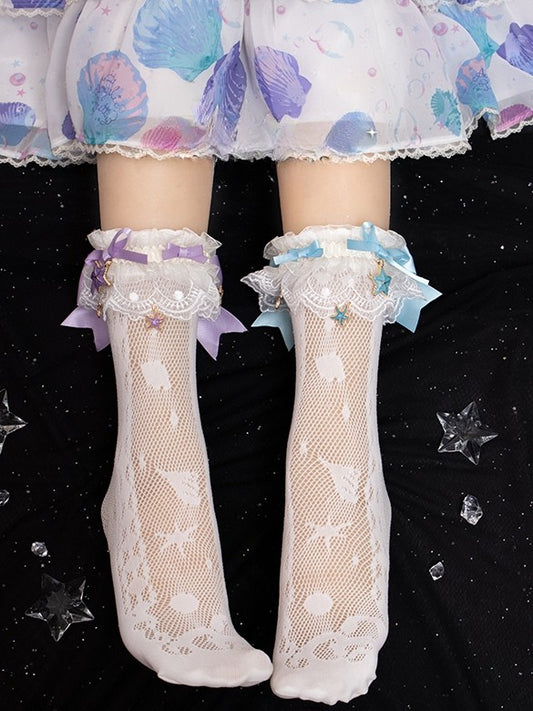 White/Blue/Purple/Purple&Blue Hollow-out Calf Socks With Starfish Charm Detachable Lace Cuffs