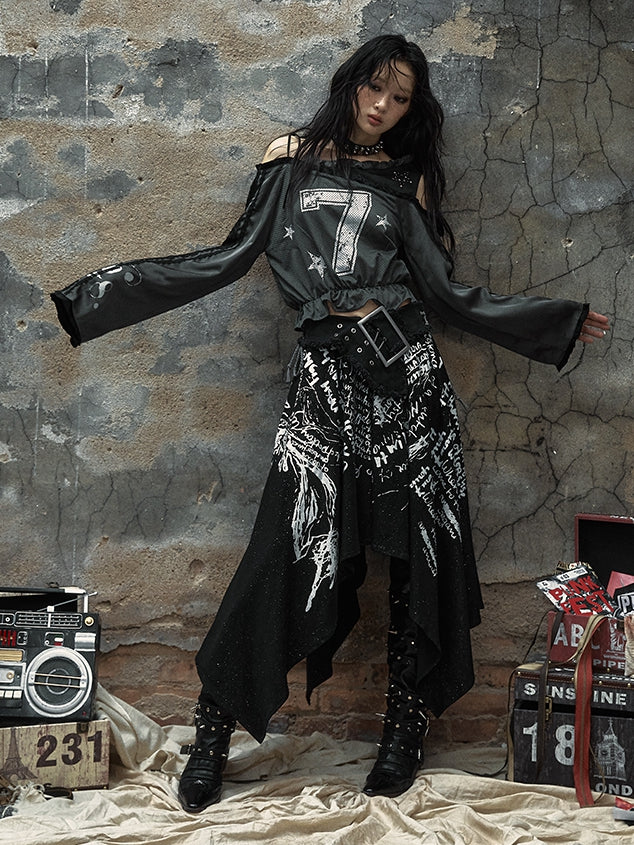 Gray Asymmetrical Neckline Number Print Blokette Core Punk Top