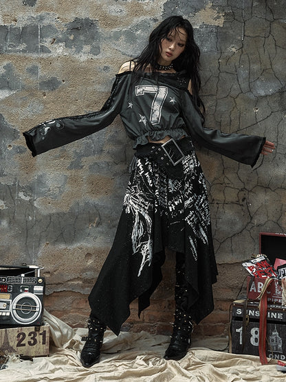 Gray Asymmetrical Neckline Number Print Blokette Core Punk Top