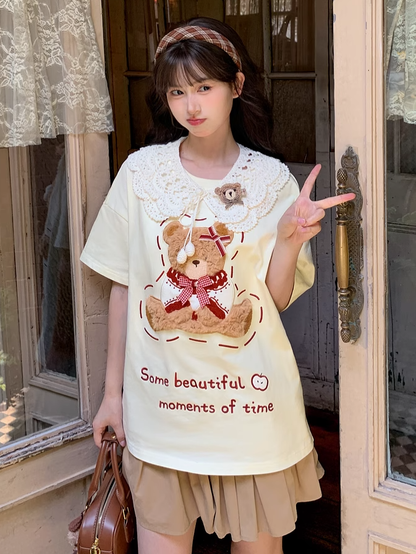 Plush Bear Embroidery Apricot Round Neck Loose Cotton T-shirt