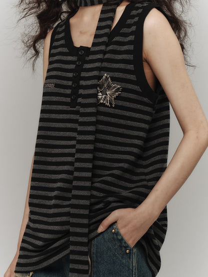 Punk Pins Star Black and Gray Striped Loose Tank Top with Scarf