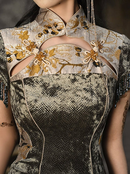 Cheongsam Collar Gothic Thigh-high Slit Qipao Dusty Green and Yellow