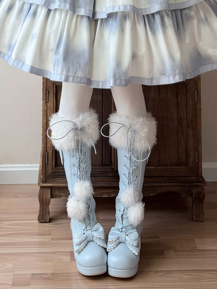 Mid-heel Blue Knee-Highs in PU with Plush Cuff, Bow Decor & Lace+Zip Fastening
