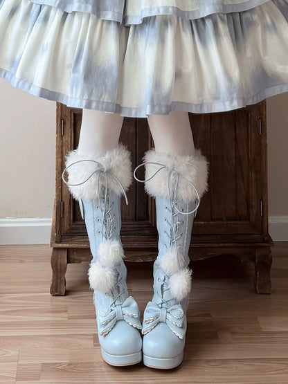 Mid-heel Blue Knee-Highs in PU with Plush Cuff, Bow Decor & Lace+Zip Fastening