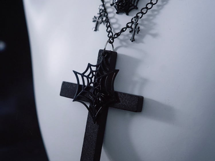 Spider Web and Cross Pendant Black Gothic Triple Layered Necklace