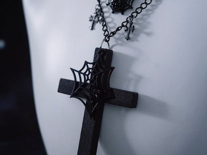 Spider Web and Cross Pendant Black Gothic Triple Layered Necklace