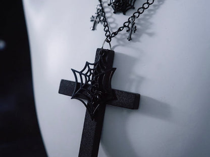 Spider Web and Cross Pendant Black Gothic Triple Layered Necklace
