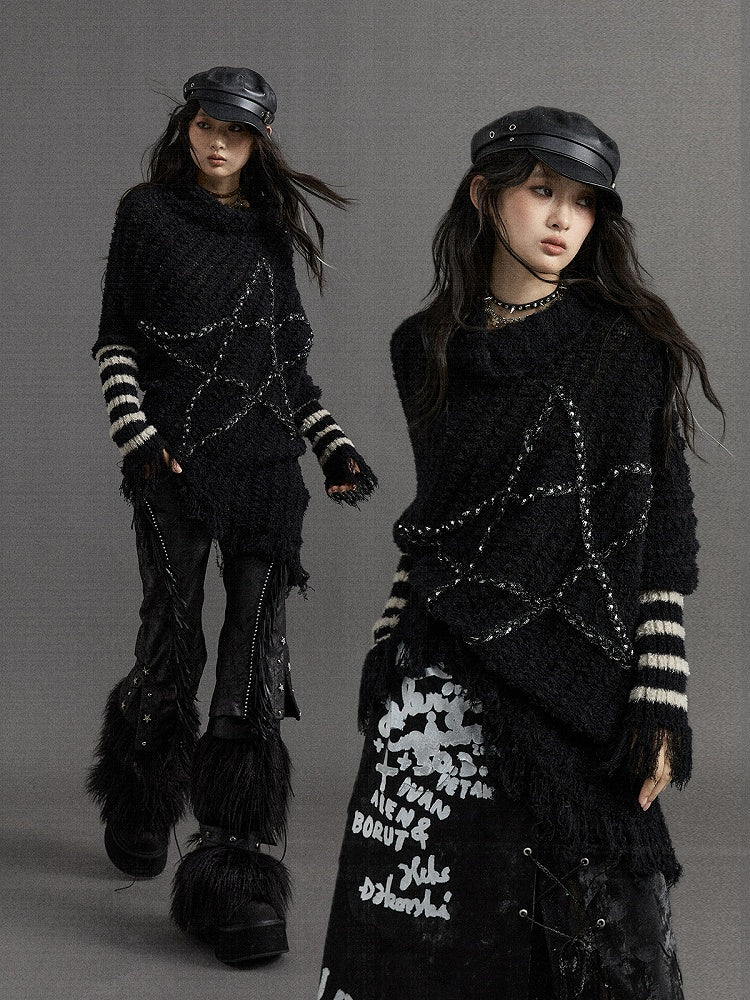 Black Vintage Punk Batwing Sleeves Loose Five-pointed Star Sweater