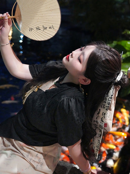 Plus Size Black and White Qipao Dress Side Slit